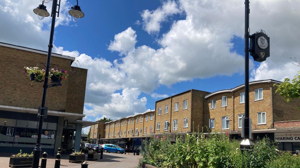 Westbury town centre - buildings, flower beds