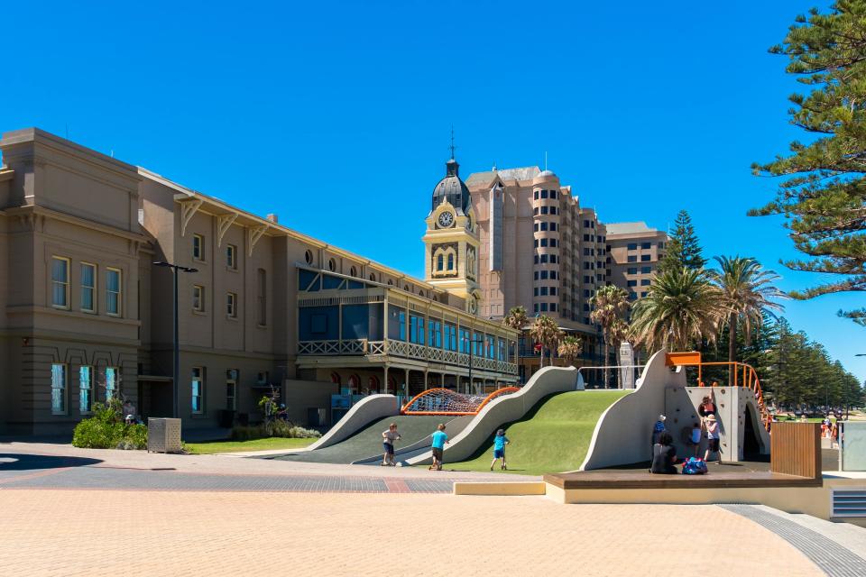 The new Glenelg Foreshore Playground in Adelaide has shady parts, a water play area that leads into the nearby beach, and a 4m-wide slide that can fit the whole family - Credit: Andrey Moisseyev / Alamy Stock Photo/Andrey Moisseyev / Alamy Stock Photo