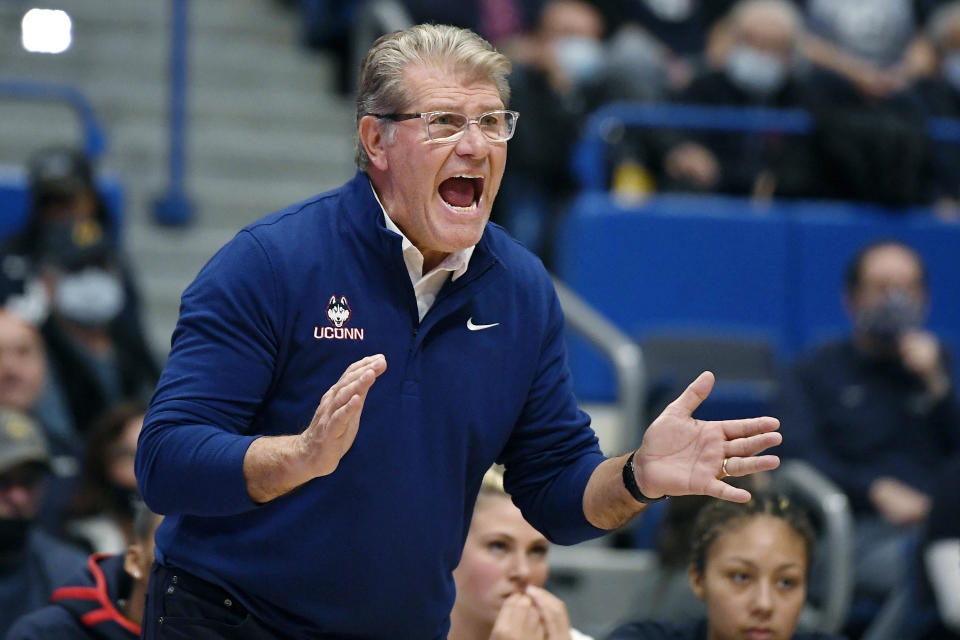 Connecticut head coach Geno Auriemma reacts in the first half of an NCAA college basketball game against Arkansas, Sunday, Nov. 14, 2021, in Hartford, Conn. (AP Photo/Jessica Hill)