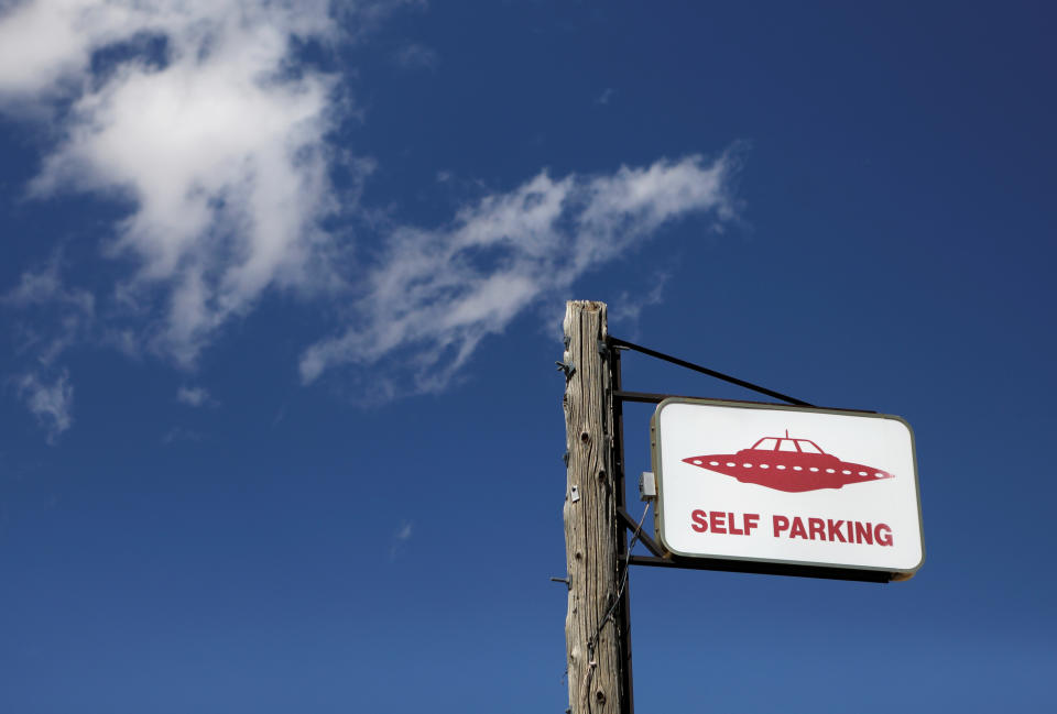 A parking sign at the Little A'Le'Inn as an influx of tourists responding to a call to 'storm' Area 51, a secretive U.S. military base believed by UFO enthusiasts to hold government secrets about extra-terrestrials, is expected in Rachel, Nevada, Sept. 19, 2019. (Photo: Jim Urquhart/Reuters)