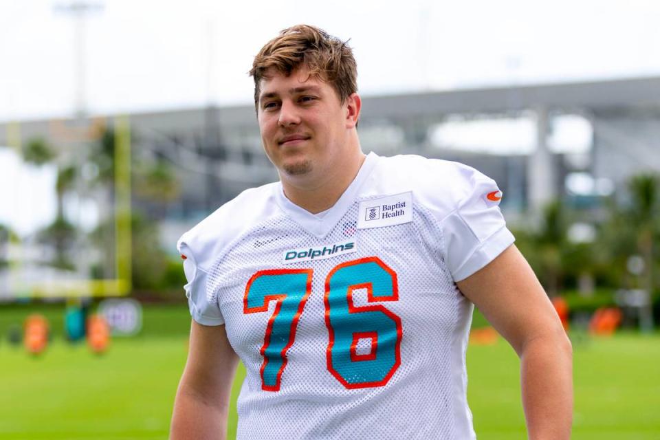Rookie tackle Ryan Hayes (76) speaks to the media during 2023 Miami Dolphins Rookie Minicamp at Baptist Health Training Complex in Miami Gardens, Florida, on Friday, May 12, 2023.