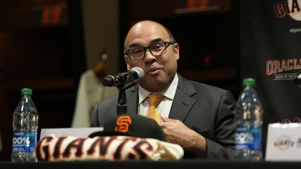 SAN FRANCISCO, CALIFORNIA - DECEMBER 15: Farhan Zaidi and Jung Hoo Lee (51) of the San Francisco Giants hold a press conference to introduce Lee's contract with the San Francisco Giants on December 15, 2023 in San Francisco, California. (Photo by Andy Kuno/San Francisco Giants/Getty Images)