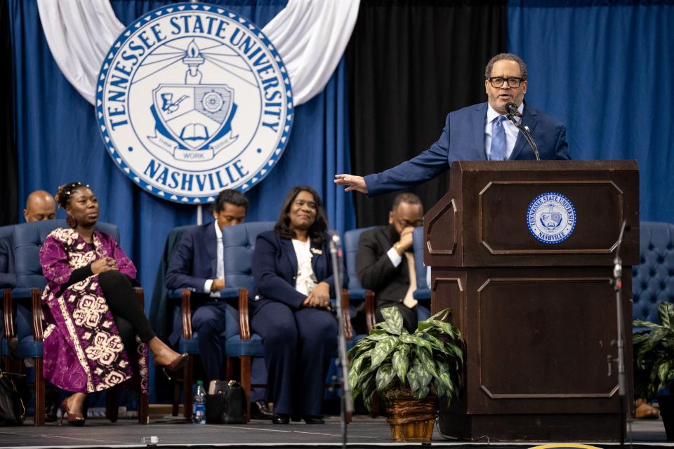 Michael Eric Dyson speaks during the Martin Luther King Jr. Day Convocation at TSU’s Gentry Center in Nashville, Tenn., Monday, Jan. 16, 2023.