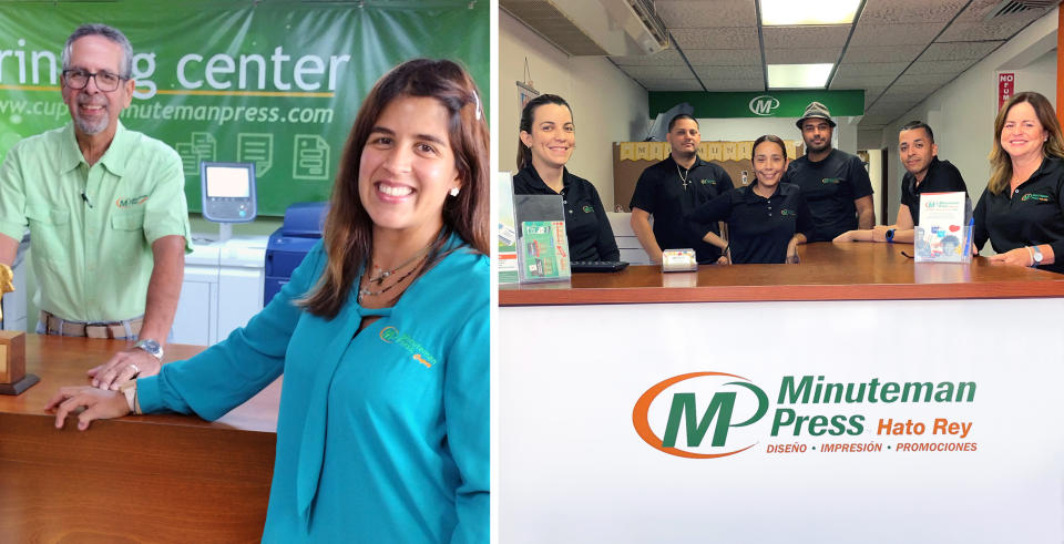 Left: Juan A. and Frances Torruellas at their Minuteman Press franchise in Cupey, Puerto Rico. Right: Tere Quinones (center) at her Minuteman Press franchise in Hato Rey, San Juan, Puerto Rico.