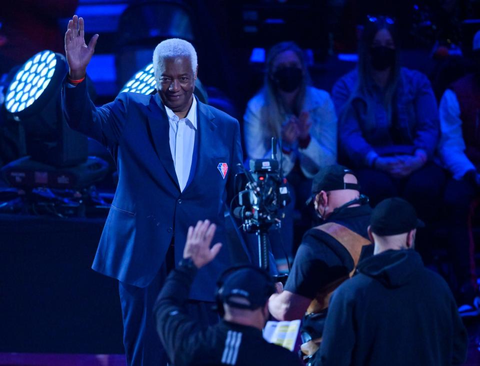 Feb 20, 2022; Cleveland, Ohio, USA; Oscar Robertson at halftime during the 2022 NBA All-Star Game at Rocket Mortgage FieldHouse.