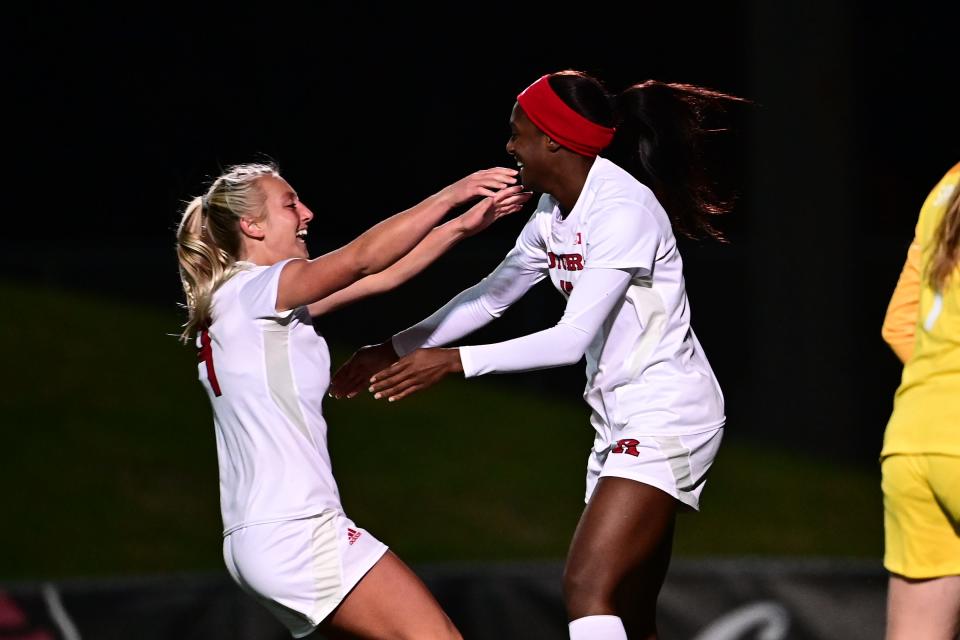 Rutgers' senior forward Amirah Ali celebrates after scoring against Saint Louis players in the Second Round of the NCAA Tournament on Fri., Nov. 19, 2021, at Yurcak Field in Piscataway.