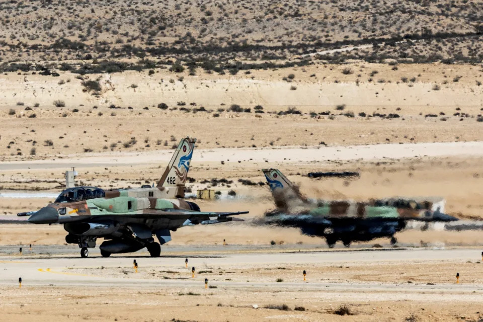 A view shows Israeli F-16 fighter jets on a runway in an airbase in southern Israel on March 4, 2024.