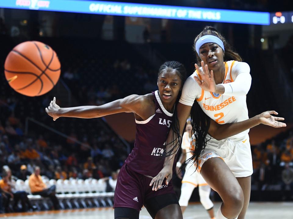 Eastern Kentucky guard/forward Antwainette Walker (13) and Tennessee forward Rickea Jackson (2) chase after the ball during an NCAA college basketball game between the Tennessee Lady Vols and Eastern Kentucky Colonels on Sunday, November 27, 2022 in Knoxville Tenn.