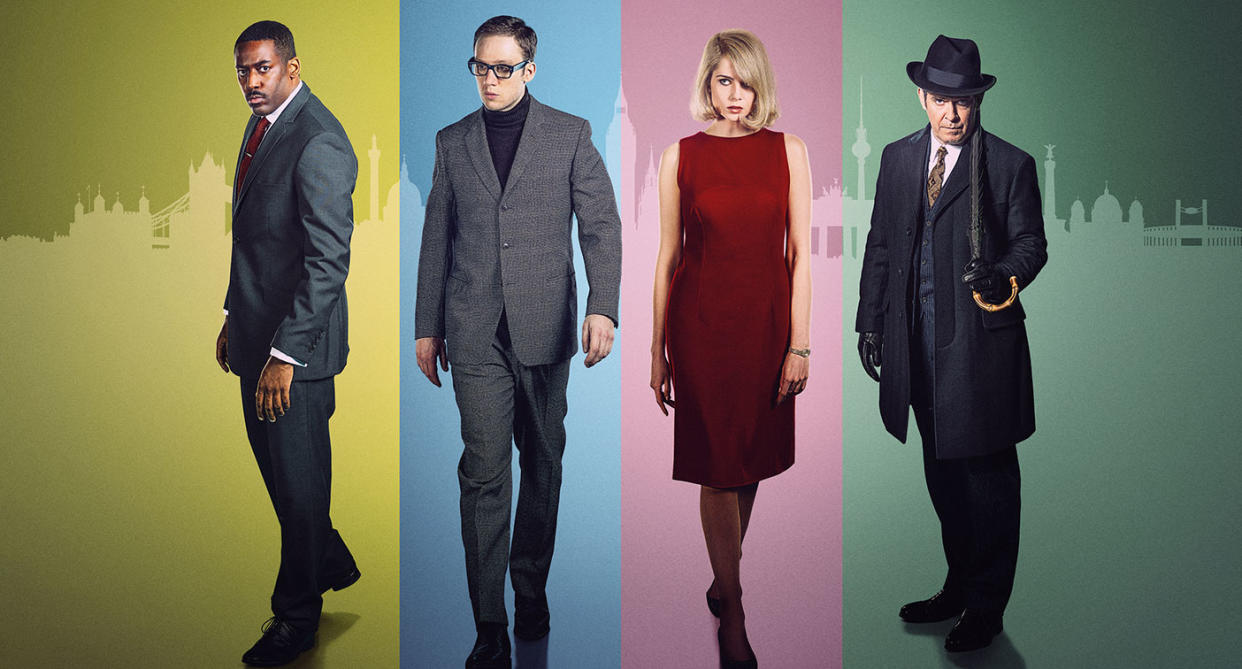 JOE COLE as Harry Palmer,LUCY BOYNTON as Jean Courtney,TOM HOLLANDER as William Dalby and ASHLEY THOMAS as Paul Maddox in The Ipcress File (ITV)