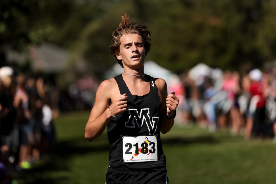 Kyle Steadman of Mountain View places second in the championship boys race at the Border Wars XC meet at Sugar House Park in Salt Lake City on Saturday, Sept. 16, 2023. | Spenser Heaps, Deseret News