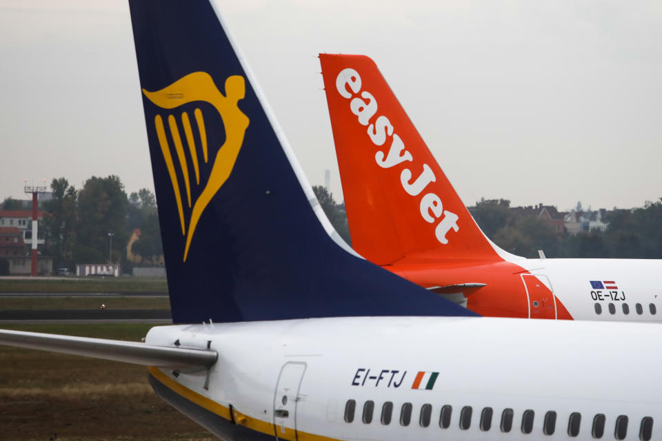 Ryanair and Easy Jet planes are seen at Tegel Airport in Berlin, Germany on 25 September 2019. (Photo by Jakub Porzycki/NurPhoto via Getty Images)