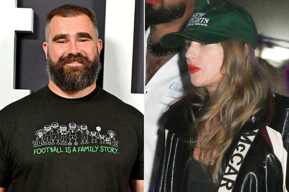 <p>Lisa Lake/Getty Images; Gilbert Flores/WWD via Getty Images</p> Jason Kelce (left); Taylor Swift wearing 