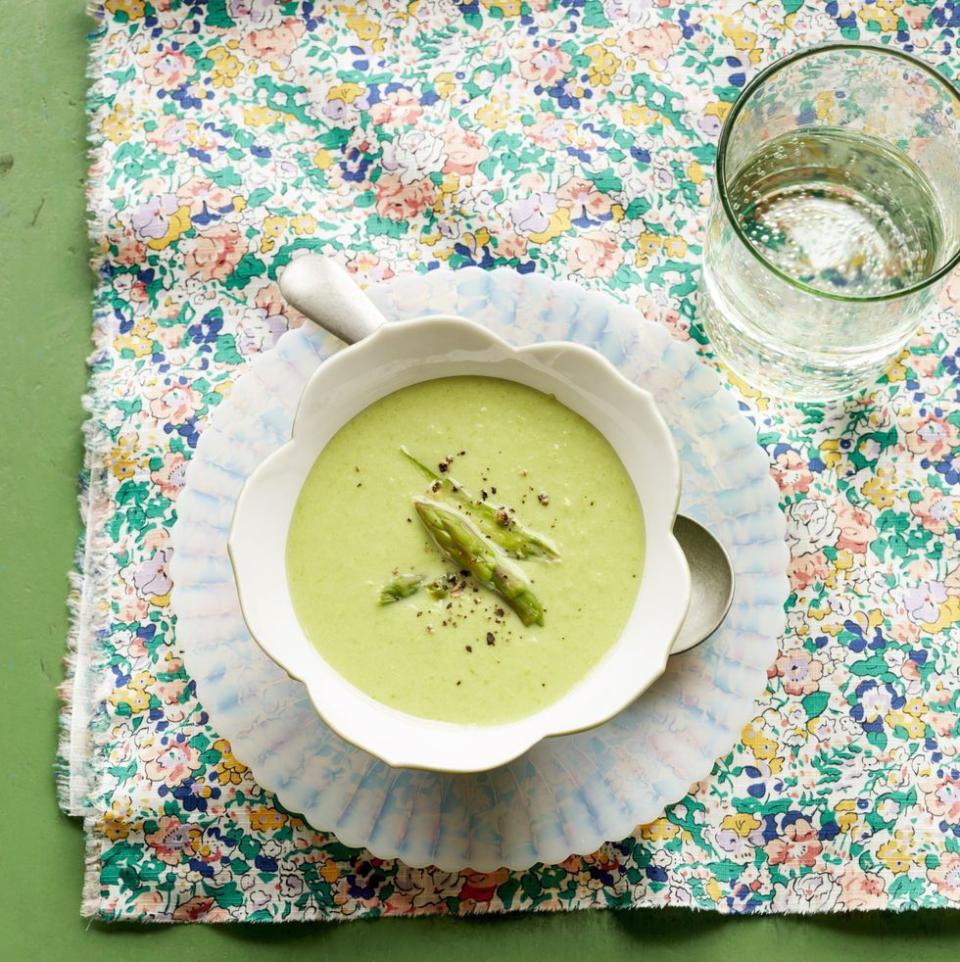 easter dinner ideas cream of asparagus soup on floral background