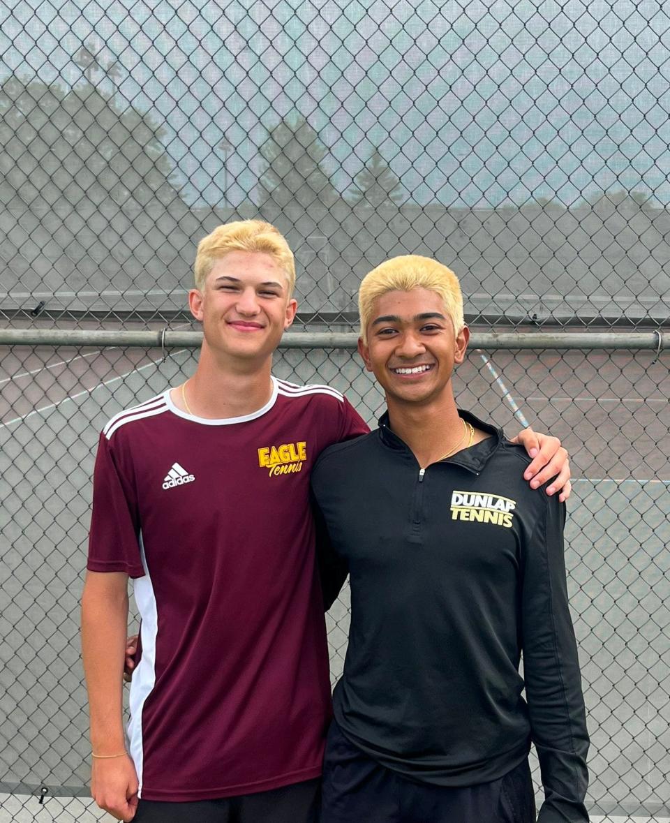 Dunlap High School doubles partners Shaan Kashyap (right) and Ethan Mcraven (left) will play for the IHSA Class 1A state boys tennis doubles championship on Saturday at Palatine High School.