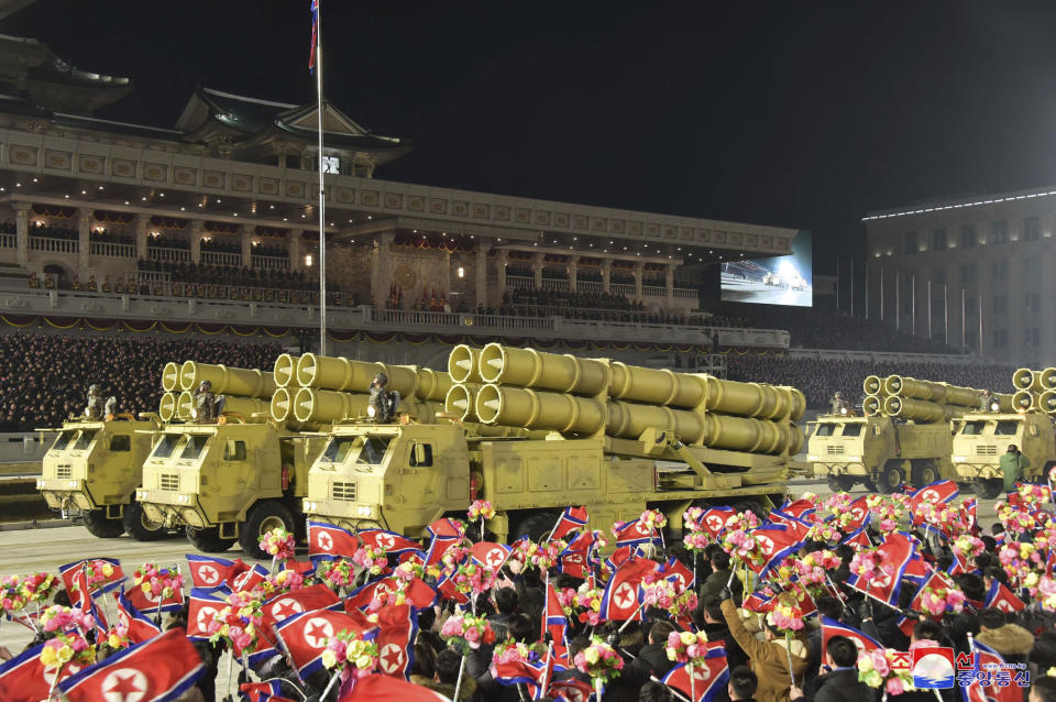 This photo provided by the North Korean government shows a military parade marking the ruling party congress, at Kim Il Sung Square in Pyongyang, North Korea Thursday, Jan. 14, 2021. North Korea rolled out developmental ballistic missiles designed to be launched from submarines and other military hardware in a parade that punctuated leader Kim Jong Un’s defiant calls to expand his nuclear weapons program. Independent journalists were not given access to cover the event depicted in this image distributed by the North Korean government. The content of this image is as provided and cannot be independently verified. Korean language watermark on image as provided by source reads: "KCNA" which is the abbreviation for Korean Central News Agency. (Korean Central News Agency/Korea News Service via AP)