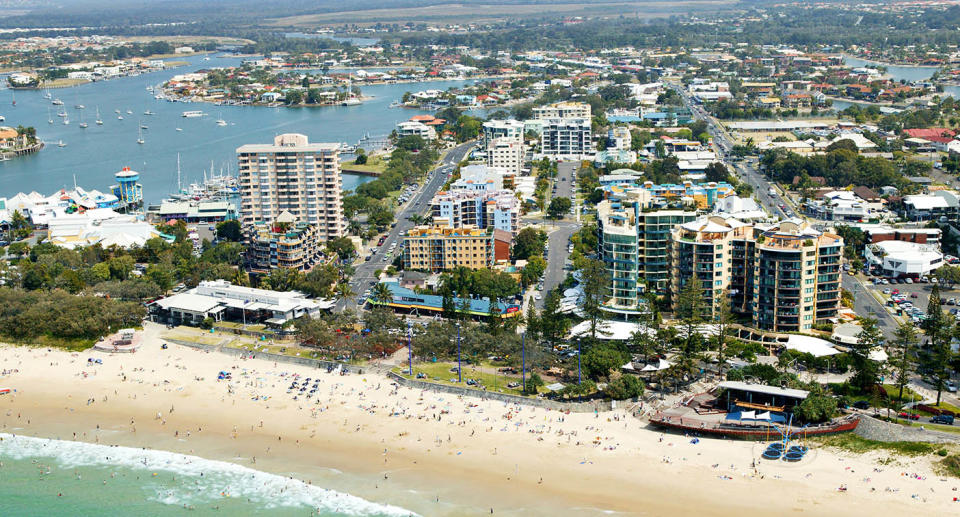 An aerial view of Mooloolaba beach.