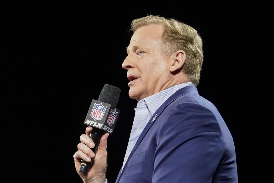 NFL Commissioner Roger Goodell speaks during a news conference ahead of the Super Bowl 57 NFL football game, Wednesday, Feb. 8, 2023, in Phoenix. The Kansas City Chiefs will play the Philadelphia Eagles on Sunday. (AP Photo/Mike Stewart)