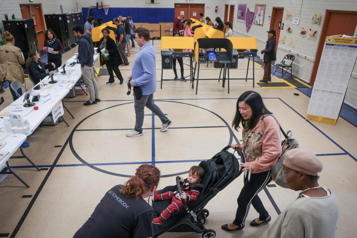 California voters arrive to vote at the Mar Vista Recreation Center on Super Tuesday as part of the California presidential primaries on March 5, 2024. Super Tuesday accounts for 36% of the total delegate allocation for Republicans, and 38% for Democrats.