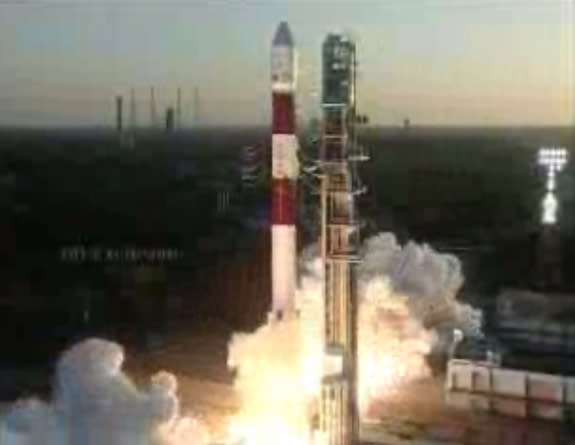 An India Space Research Organisation PSLV rocket (Polar Satellite Launch Vehicle) launches seven satellites from the Satish Dhawan Space Centre in Sriharikota, India, on Feb. 25, 2013. The rocket carried an ocean-monitoring satellite for India,