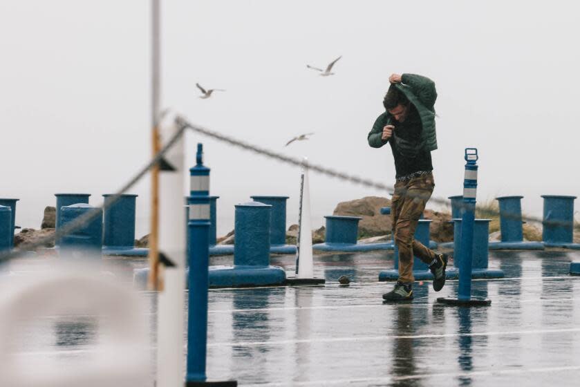 Malibu, CA - February 04: A person rushes to their car along the coast on Sunday, Feb. 4, 2024 in Malibu, CA. Officials across Southern and Central California are urgently warning residents to prepare as a storm system fueled by an atmospheric river brings heavy rainfall. (Dania Maxwell / Los Angeles Times)