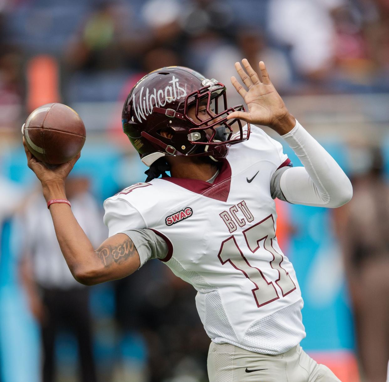 Bethune-Cookman Wildcats quarterback Devin Black (17) winds up to throw the ball down the field for a touchdown against Florida A&M in November. B-CU is scheduled to play in Jacksonville on Oct. 15 against Jackson State.