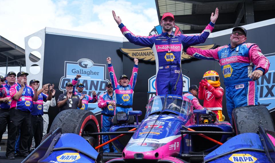 Andretti Autosport driver Alexander Rossi (27) celebrates winning the Gallagher Grand Prix on Saturday, July 30, 2022 at Indianapolis Motor Speedway in Indianapolis. 
