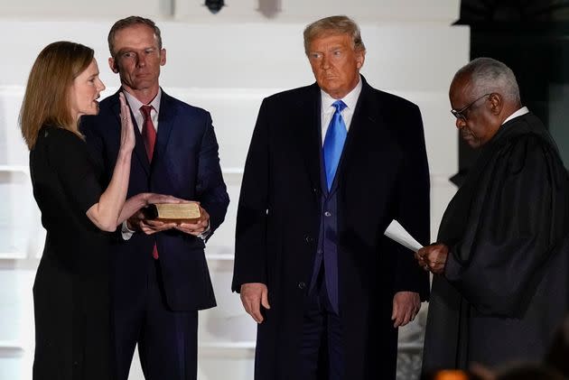President Donald Trump at the swearing-in of Supreme Court Justice Amy Coney Barrett, one of the five conservative justices who voted to overturn Roe v. Wade.