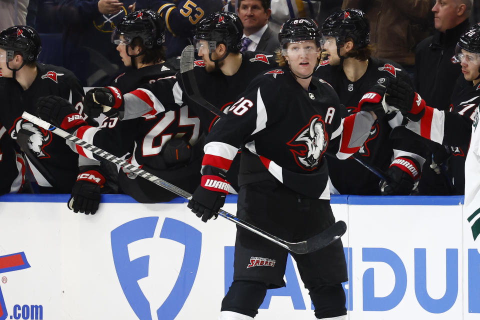 Buffalo Sabres defenseman Rasmus Dahlin (26) celebrates his goal against the Minnesota Wild during the second period of an NHL hockey game Saturday, Jan. 7, 2023, in Buffalo, N.Y. (AP Photo/Jeffrey T. Barnes)