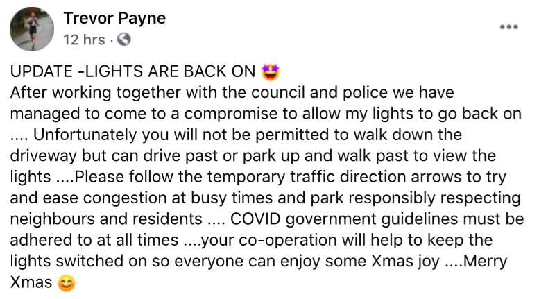 Trevor Payne confirmed the lights have now been switched back on. (Facebook)