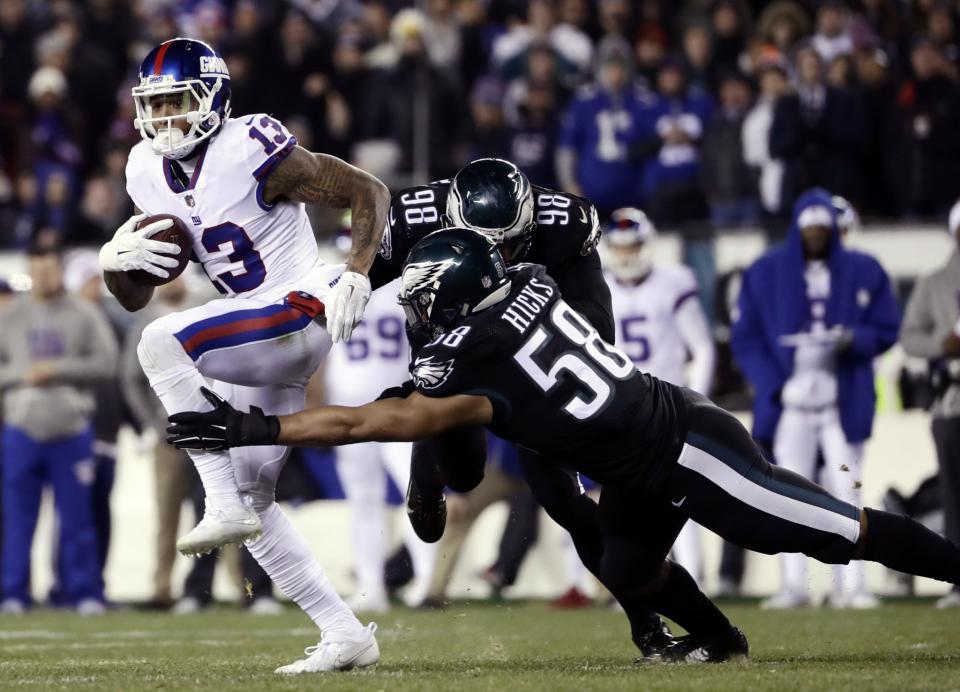 Wide receiver Odell Beckham Jr., left, bailed out Eli Manning and the New York Giants against the Philadelphia Eagles. (AP)