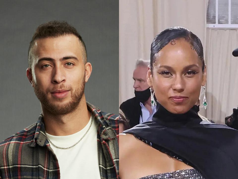 left: cole cook, a man with trimmed facial hair and short hair; right: alicia keys with short hair and a wraparound dress