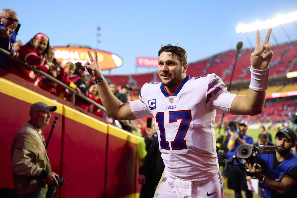 Buffalo Bills QB Josh Allen celebrates after defeating the Kansas City Chiefs on Oct. 16. (Cooper Neill/Getty Images)