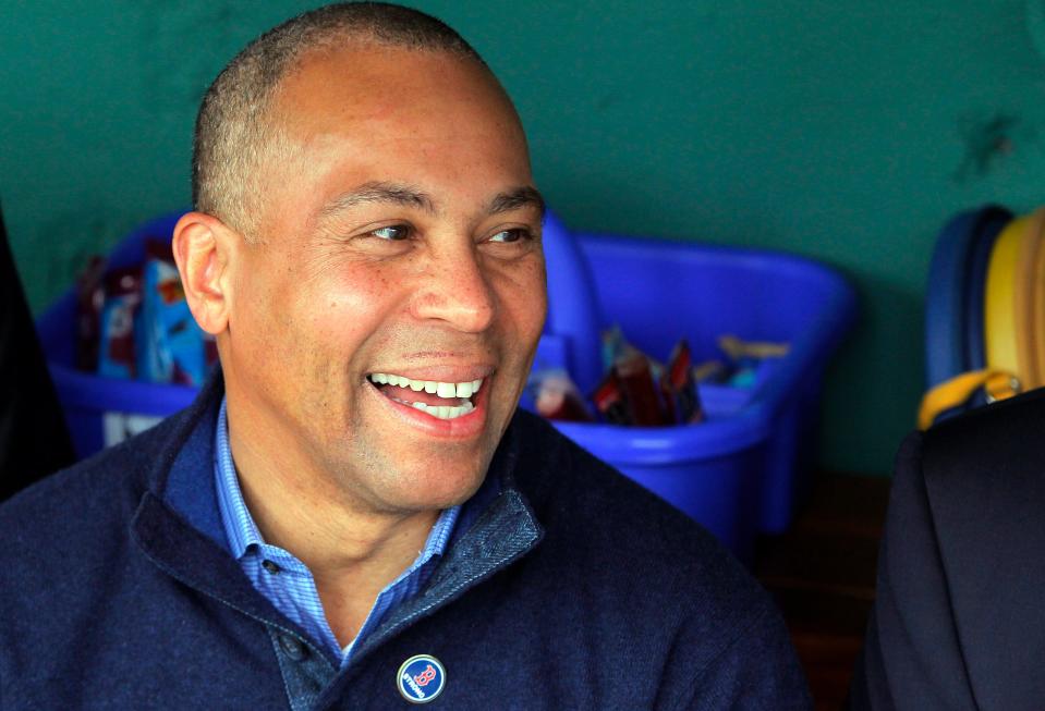 FILE PHOTO: Massachusetts Governor Deval Patrick smiles in the Boston Red Sox dugout before MLB American League baseball action between the Red Sox and the Kansas City Royals at Fenway Park in Boston, Massachusetts April 20, 2013. REUTERS/Jessica Rinaldi 