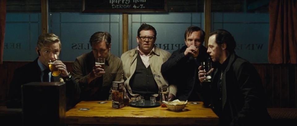 The lads from the World's End drinking pints in a pub