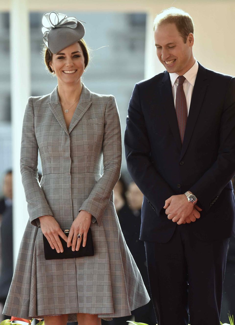 Britain's Catherine, Duchess of Cambridge and Prince William smile during a ceremonial welcome for the President of Singapore at Horse Guards Parade in London