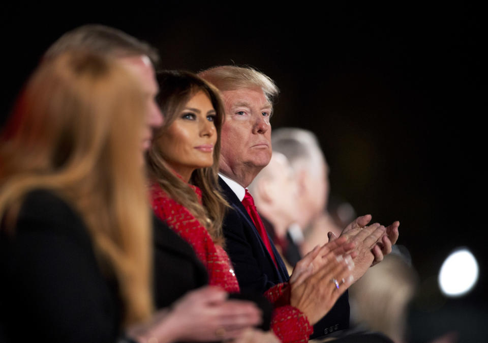 <p>President Donald Trump and first lady Melania Trump applaud as they watch performances during the lighting ceremony for the 2017 National Christmas Tree on the Ellipse near the White House in Washington, Thursday, Nov. 30, 2017. (Photo: Manuel Balce Ceneta/AP) </p>