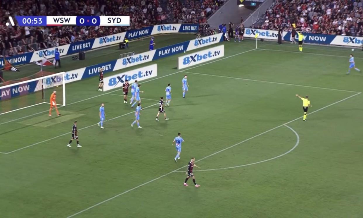 <span>Digitally inserted ads for 8XBet in a game between Sydney FC and Western Sydney Wanderers, who have previously criticised the amount of gambling advertising associated with sport.</span><span>Photograph: A-Leagues</span>