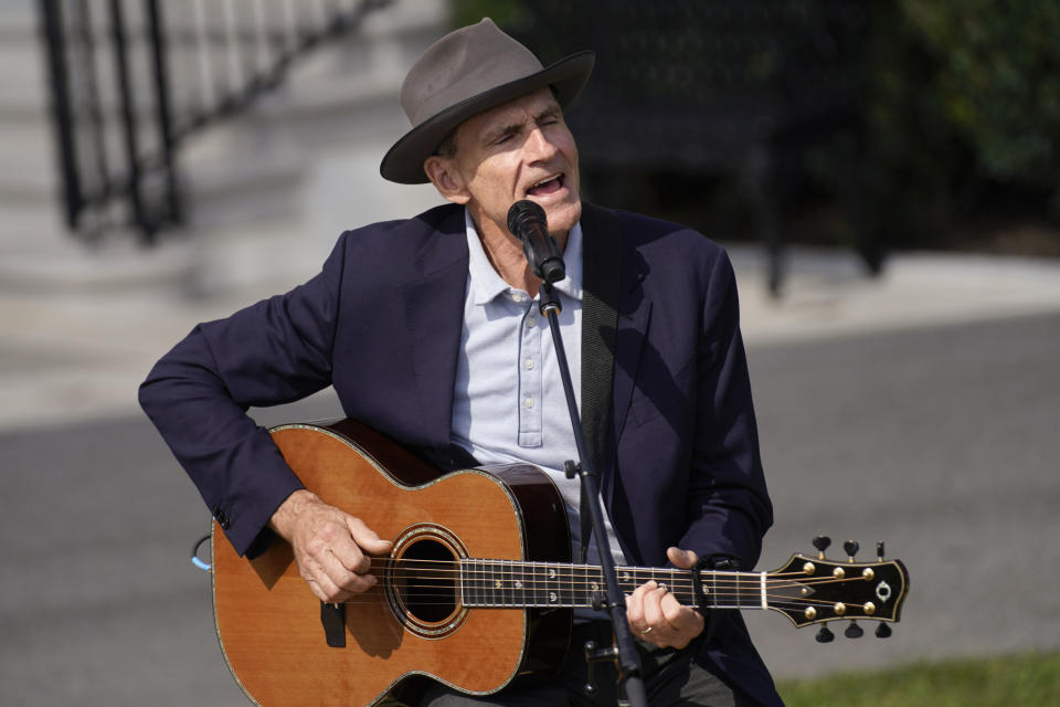 James Taylor sings during an event about the Inflation Reduction Act of 2022, on the South Lawn of the White House in Washington, Tuesday, Sept. 13, 2022. (AP Photo/Andrew Harnik)