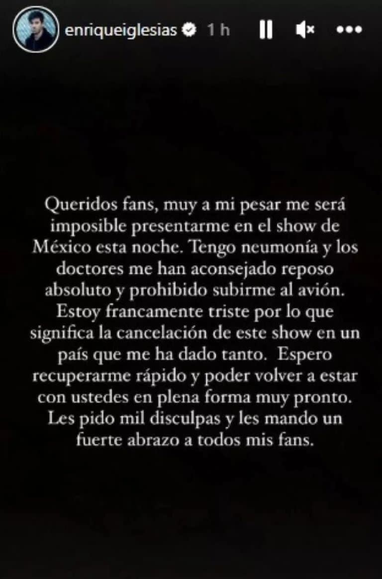 El cantante anunció la cancelación de su show en México el 13 de mayo