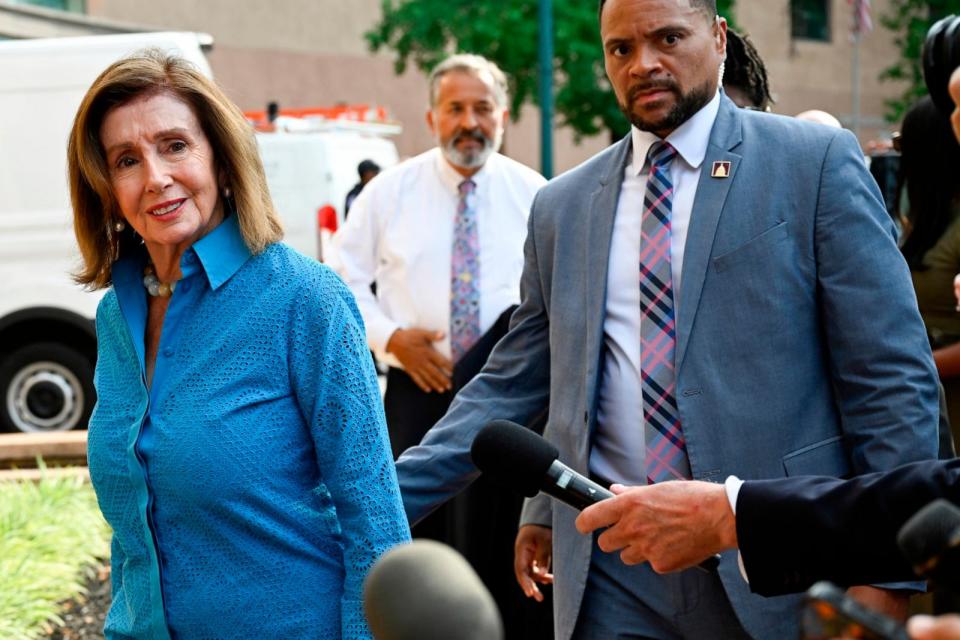 PHOTO: Rep. Nancy Pelosi arrives at the Democratic National Headquarters with other Democratic members of the House of Representatives to discuss the future of President Biden running for the presidency, July 9, 2024 in Washington. (John Mcdonnell/AP)