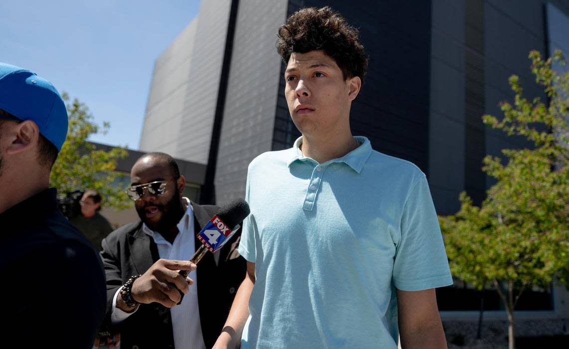 Jackson Mahomes exits the Johnson County jail after being arraigned on three charges of sexual battery on Wednesday, May 3, 2023, in Olathe, Kan.