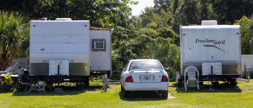 Trailers with the "SM" letters are trailers owned by Saving Mercy. Saving Mercy residents, many of whom are elderly, low-income or disabled, are being ejected from their mobile home sites to make room for affordable housing.