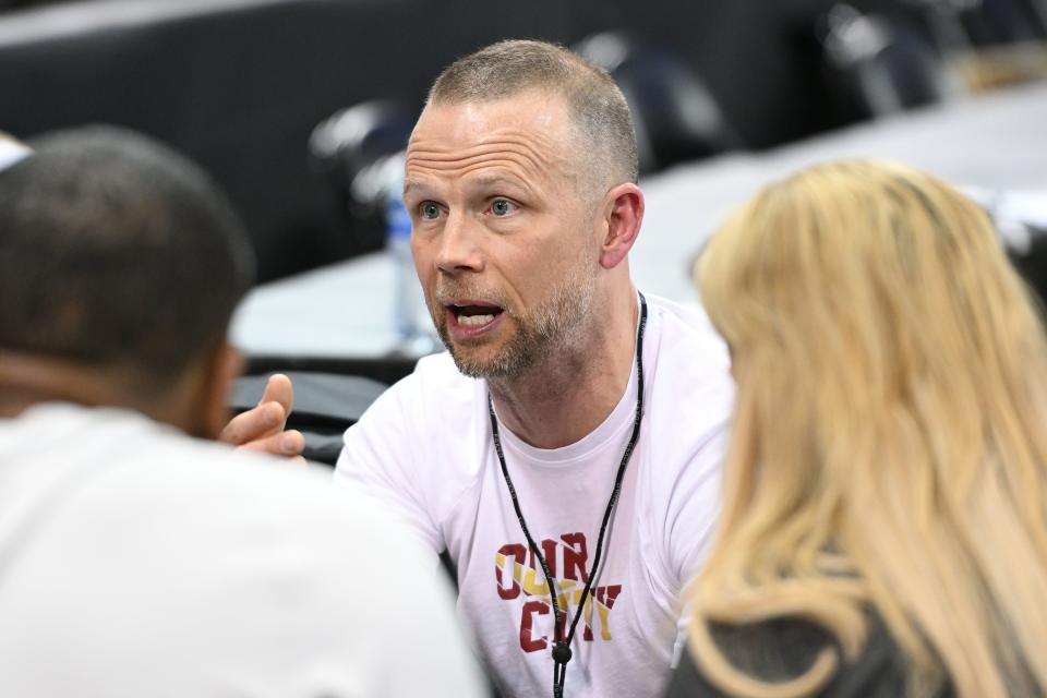 Mar 21, 2024; Spokane, WA, USA; Charleston Cougars head coach Pat Kelsey during practice at Spokane Veterans Memorial Arena. Mandatory Credit: James Snook-USA TODAY Sports