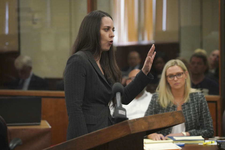 Brett Gallagher, an assistant public defender, opening statements in trial of Dwright Doty for the murder of 9-year-old Tyshawn Lee at the Leighton Criminal Court building in Chicago on Tuesday, Sept. 17, 2019. Dwright Doty and Corey Morgan are on trial after being with first-degree murder in connection to the 2015 slaying. (E. Jason Wambsgans/Chicago Tribune via AP, Pool)