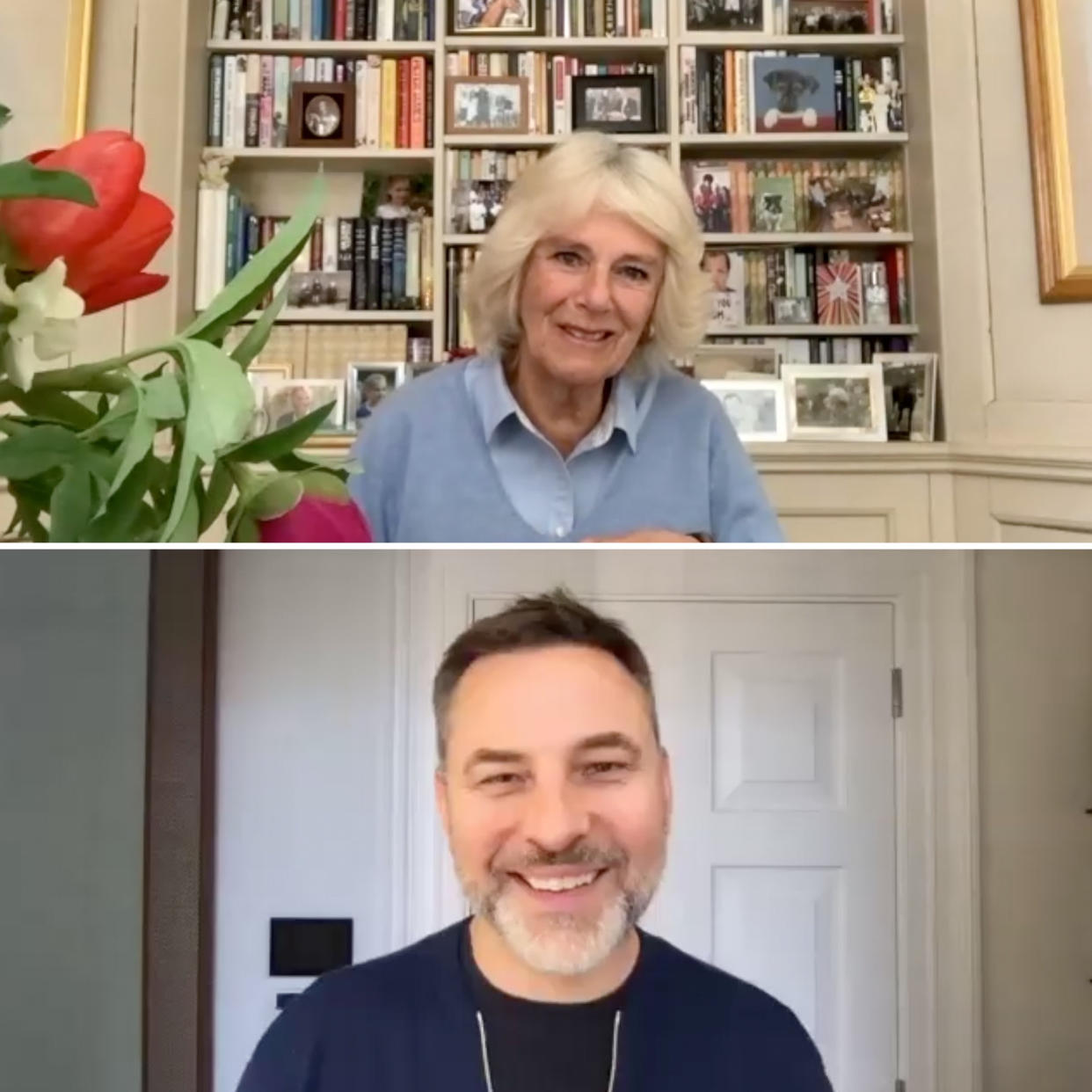 EMNARGOED TO 0001 THURSDAY MAY 21 Undated handout photo issued by Clarence House of the Duchess of Cornwall and children's author David Walliams during their video chat to highlight the Queen's Commonwealth Essay Competition and they discussed how writing stories is perfect for passing the time in lockdown.