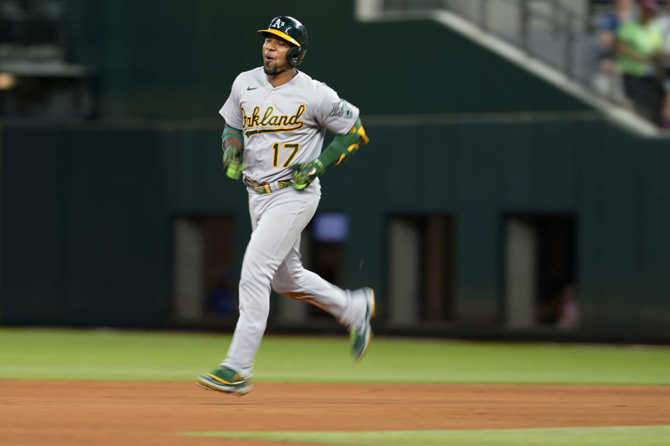 Oakland Athletics' Elvis Andrus runs the bases after hitting a two-run home run during the seventh inning of the team's baseball game against the Texas Rangers in Arlington, Texas, Tuesday, Aug. 16, 2022. (AP Photo/Tony Gutierrez)