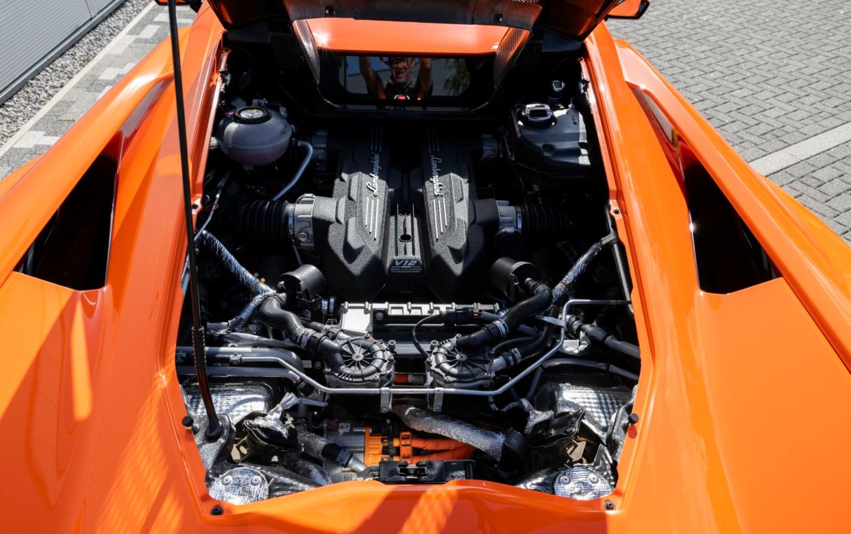 Image shows inside of the Revuelto's engine bay