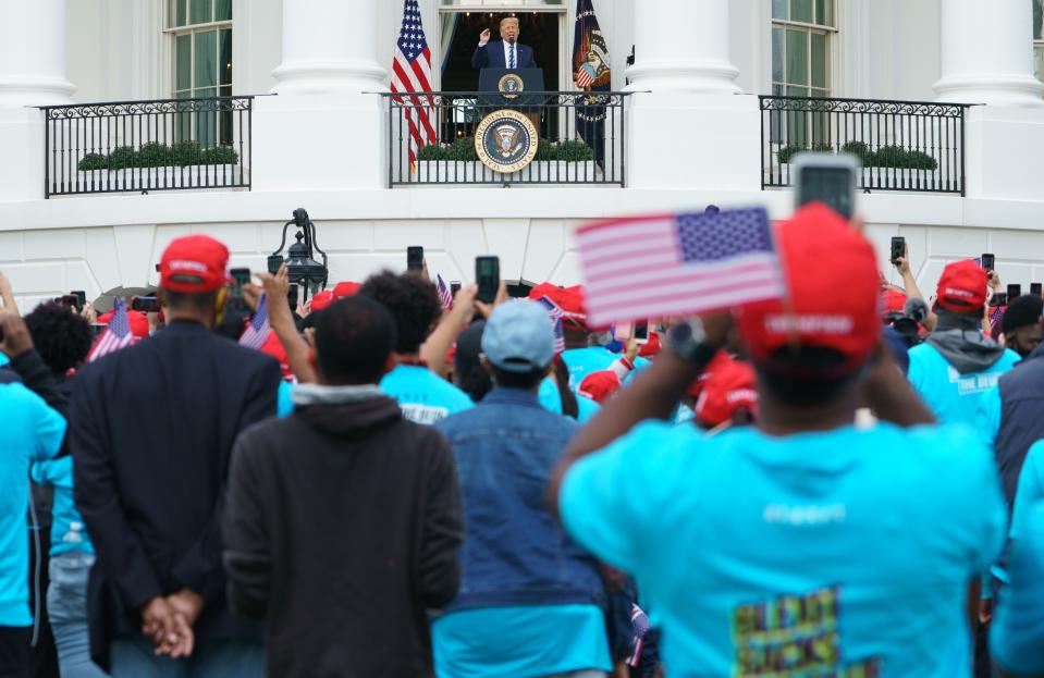 President Donald Trump speaks from the South Portico of the White House in Washington, DC during a rally on October 10, 2020.