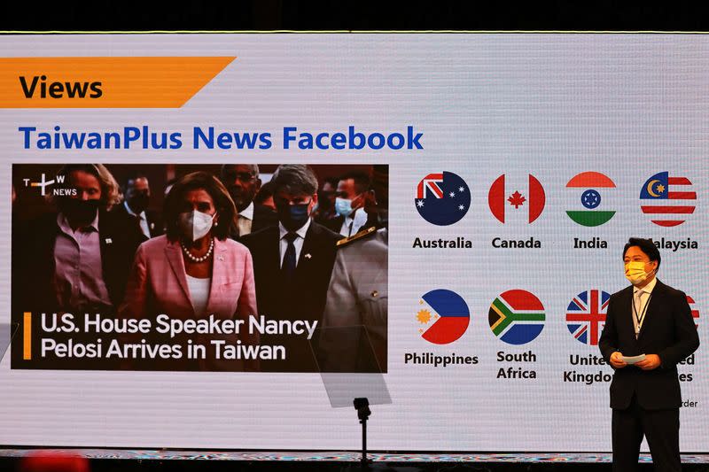 TaiwanPlus Acting director, Michael Yu presents TaiwanPlus, the government-backed English language news channel at their television operations launch event in Taipei