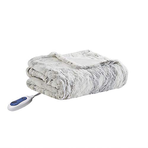 Beautyrest Zuri Electric Blanket Throw Ultra Soft Faux Fur Reverse to Mink Auto Shut Off Oversize with 3 Heat Level Setting Controller, 50x70 Natural Marble